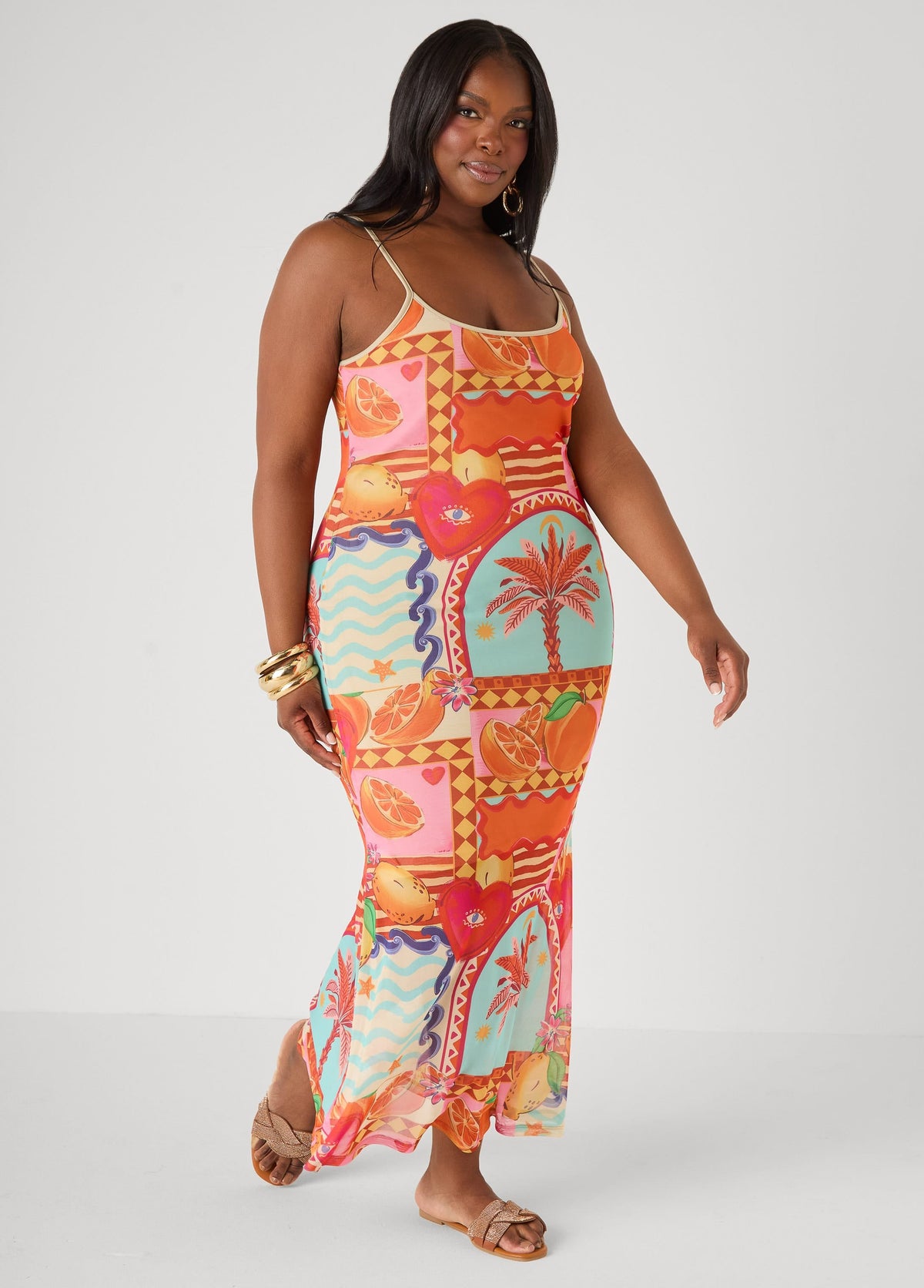 Vestido maxi de malla estampada tipo slip