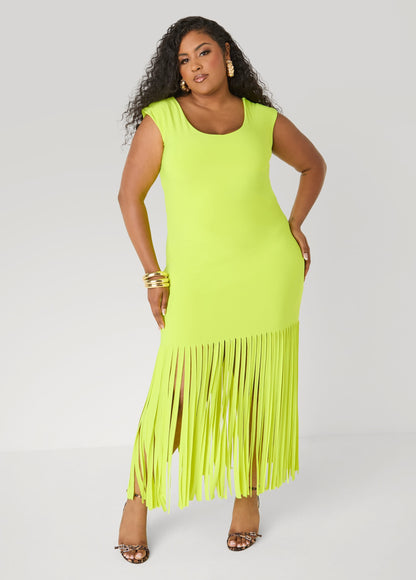 Vestido maxi de punto con flecos