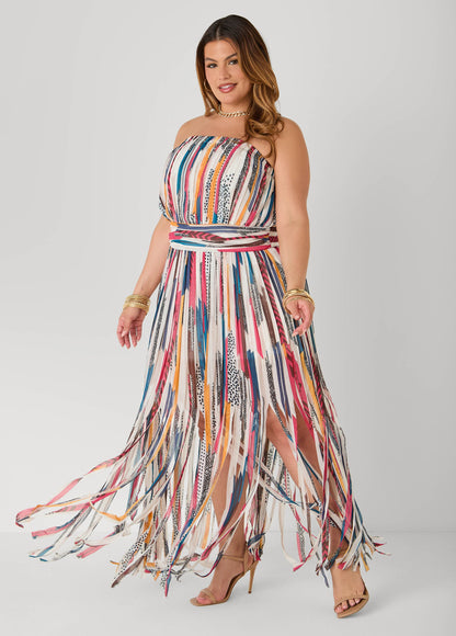 Vestido sin tirantes estampado con flecos