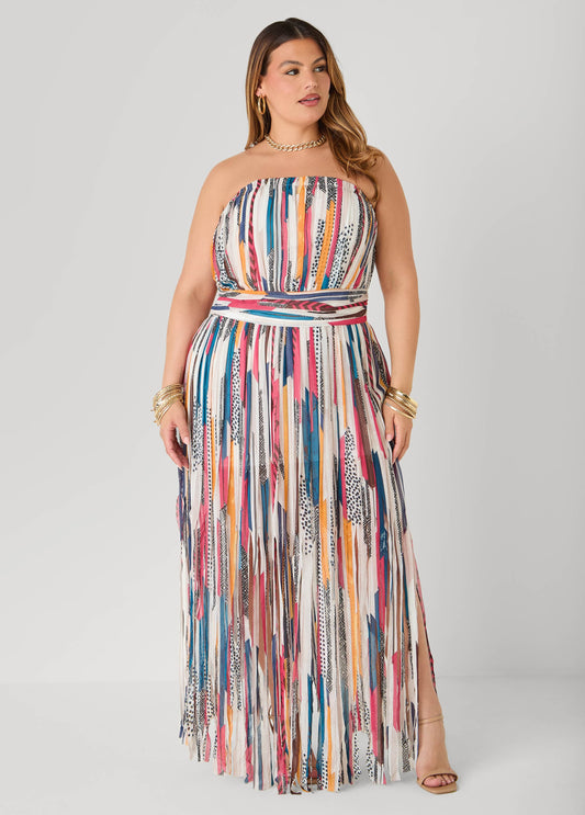 Vestido sin tirantes estampado con flecos