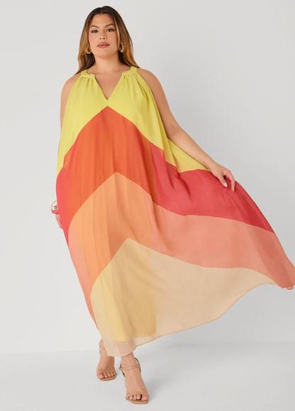 Vestido maxi con escote en V y bloques de color