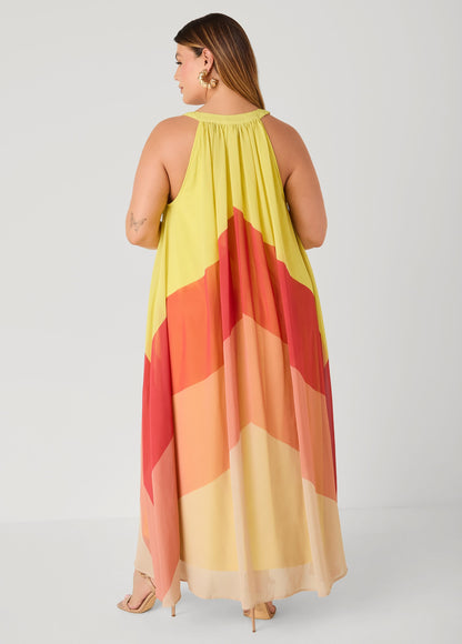 Vestido maxi con escote en V y bloques de color