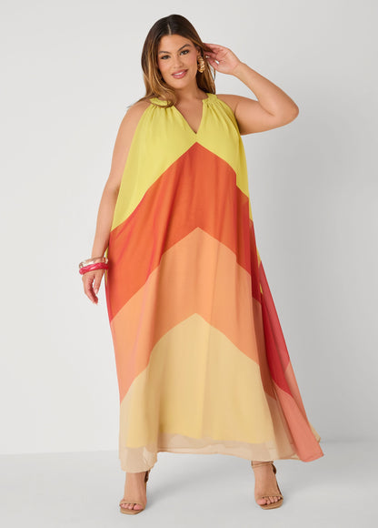 Vestido maxi con escote en V y bloques de color