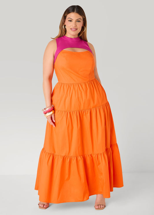 Vestido maxi bicolor con recortes