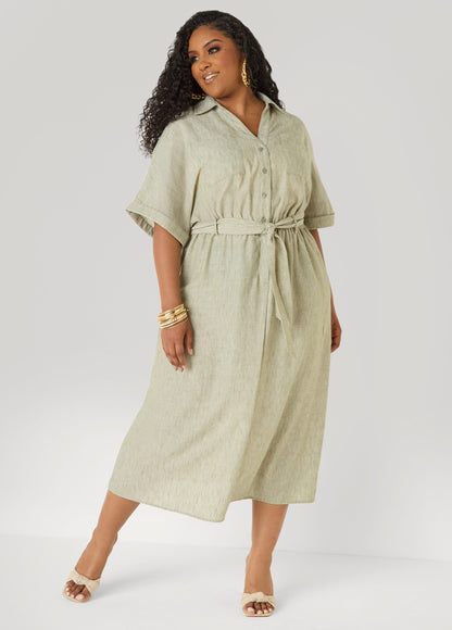 Vestido tipo camisa con cuello y lazo en la cintura