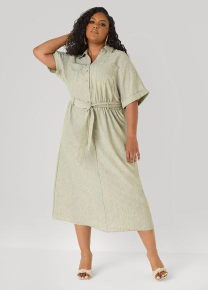 Vestido tipo camisa con cuello y lazo en la cintura