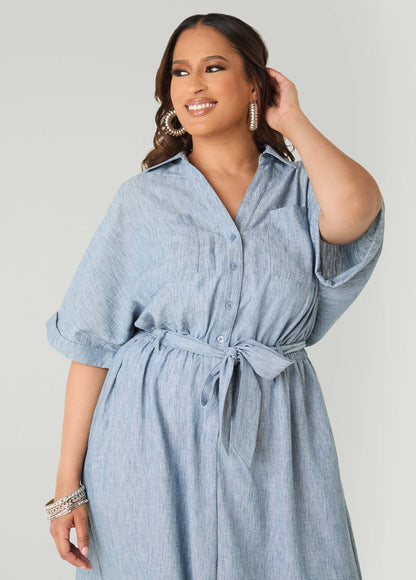 Vestido tipo camisa con cuello y lazo en la cintura