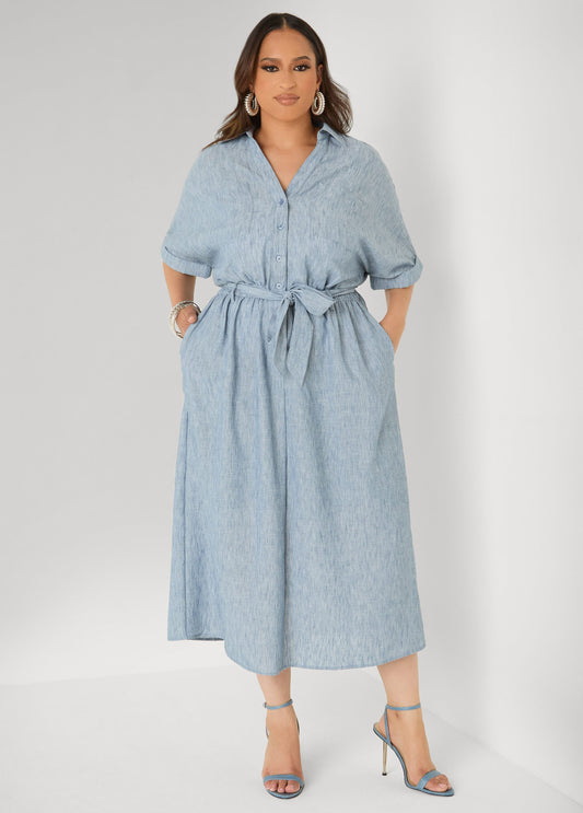 Vestido tipo camisa con cuello y lazo en la cintura