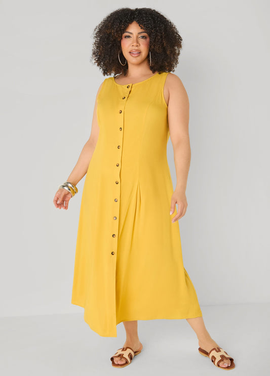 Vestido camisero plisado de tejido maxi