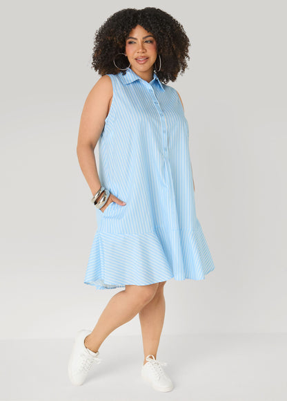 Vestido camisero de rayas con volantes