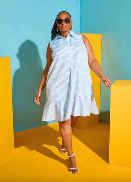 Vestido camisero de rayas con volantes