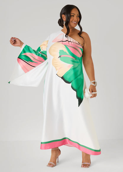 Vestido maxi de un hombro con estampado floral