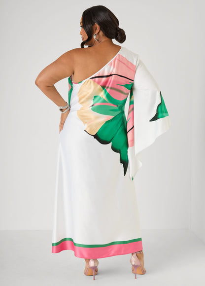 Vestido maxi de un hombro con estampado floral