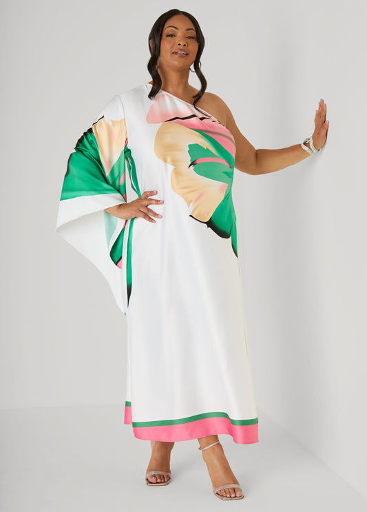 Vestido maxi de un hombro con estampado floral