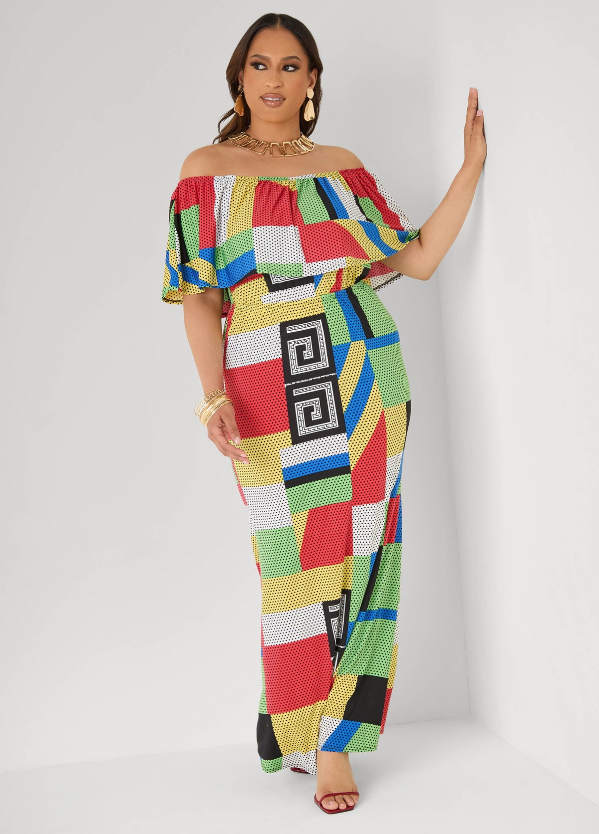 Vestido maxi sin hombros con estampado geométrico