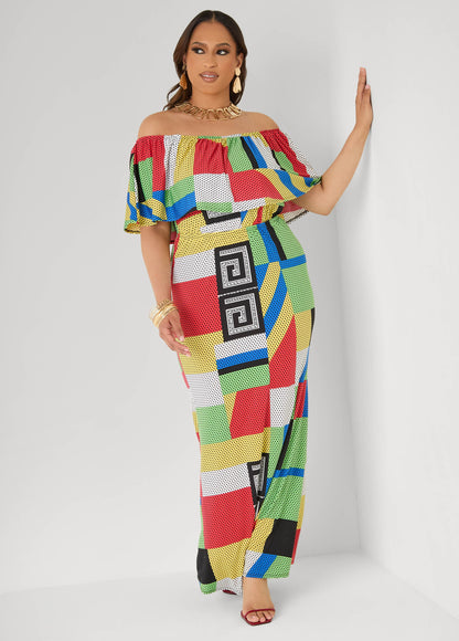 Vestido maxi sin hombros con estampado geométrico