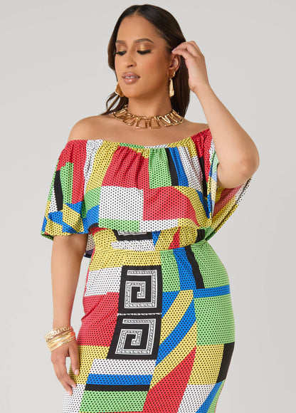 Vestido maxi sin hombros con estampado geométrico