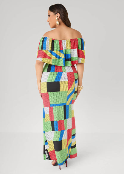 Vestido maxi sin hombros con estampado geométrico