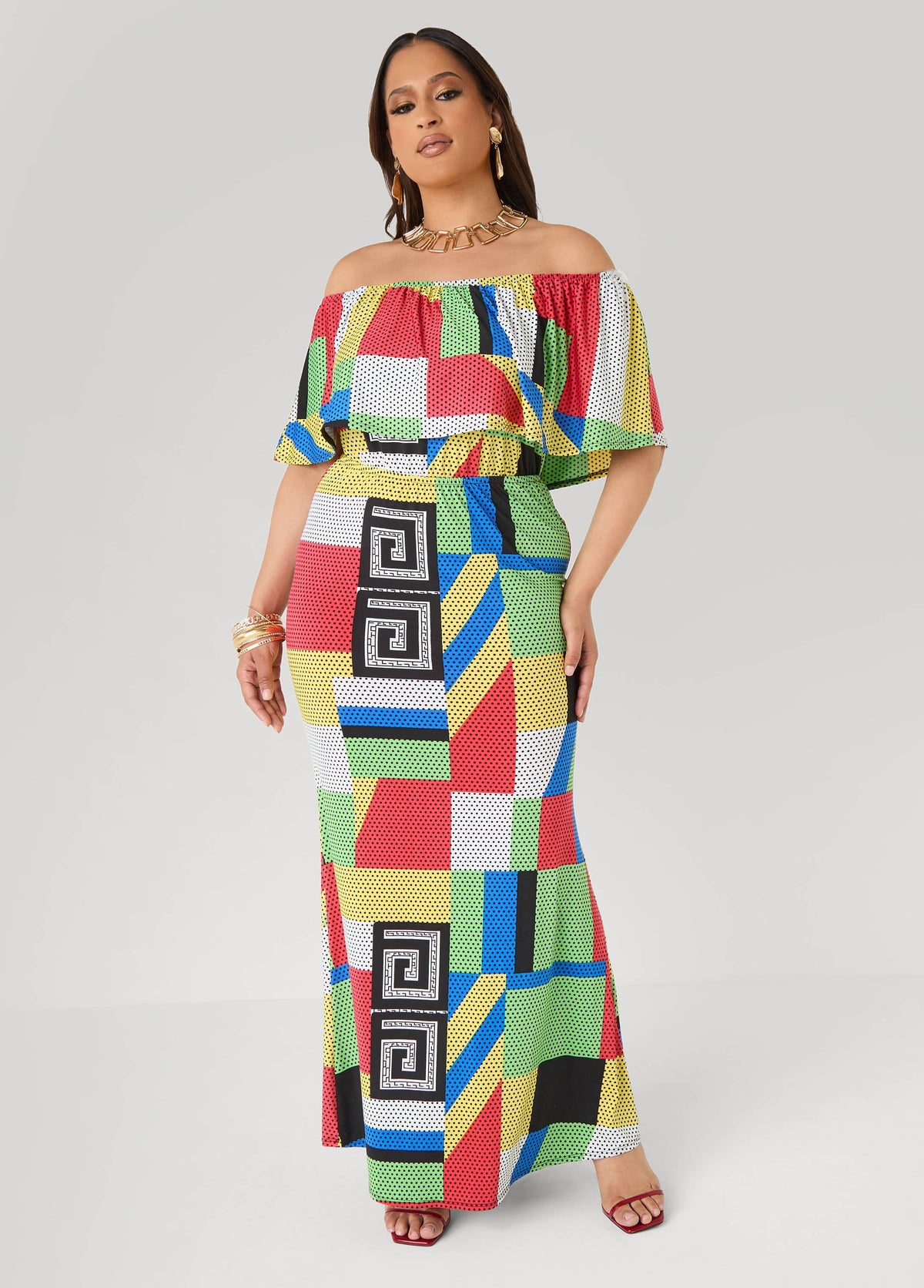 Vestido maxi sin hombros con estampado geométrico