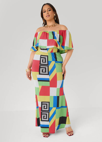 Vestido maxi sin hombros con estampado geométrico