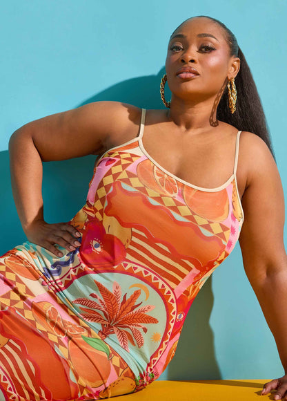 Vestido maxi de malla estampada tipo slip