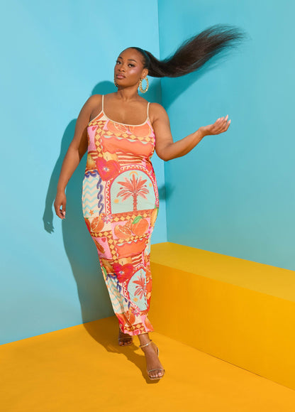 Vestido maxi de malla estampada tipo slip