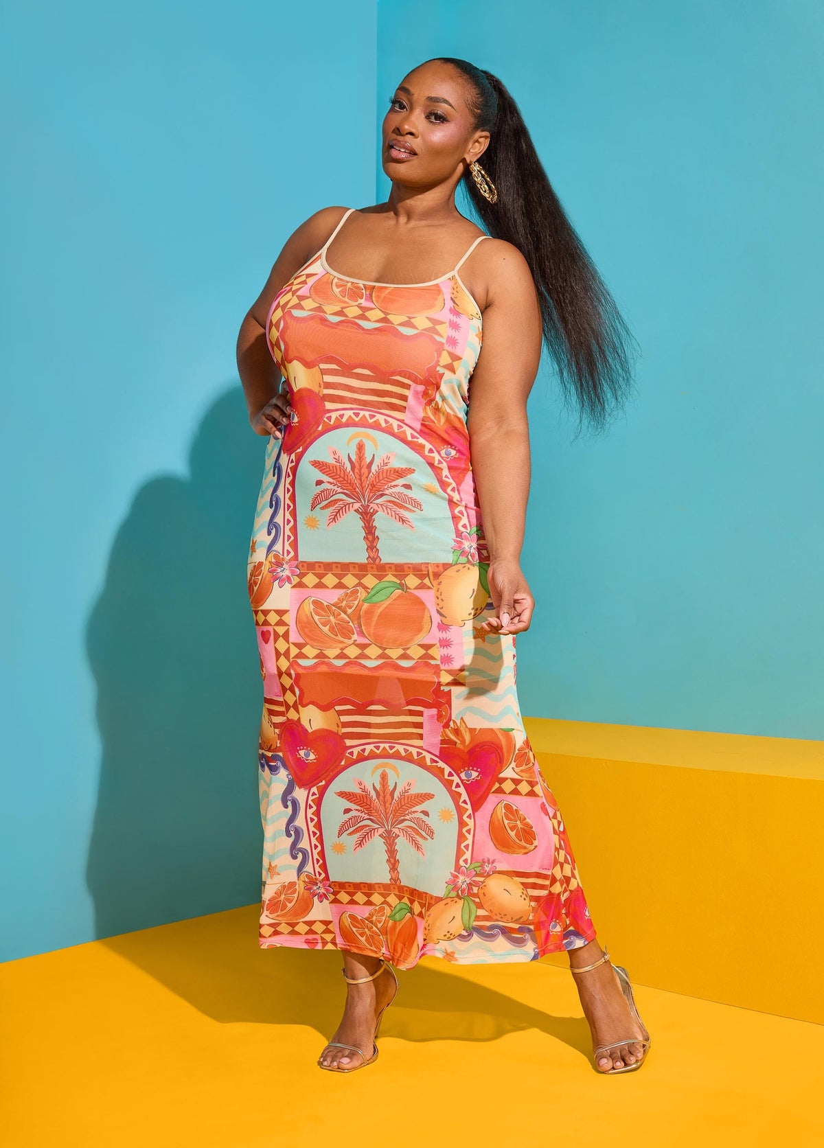 Vestido maxi de malla estampada tipo slip