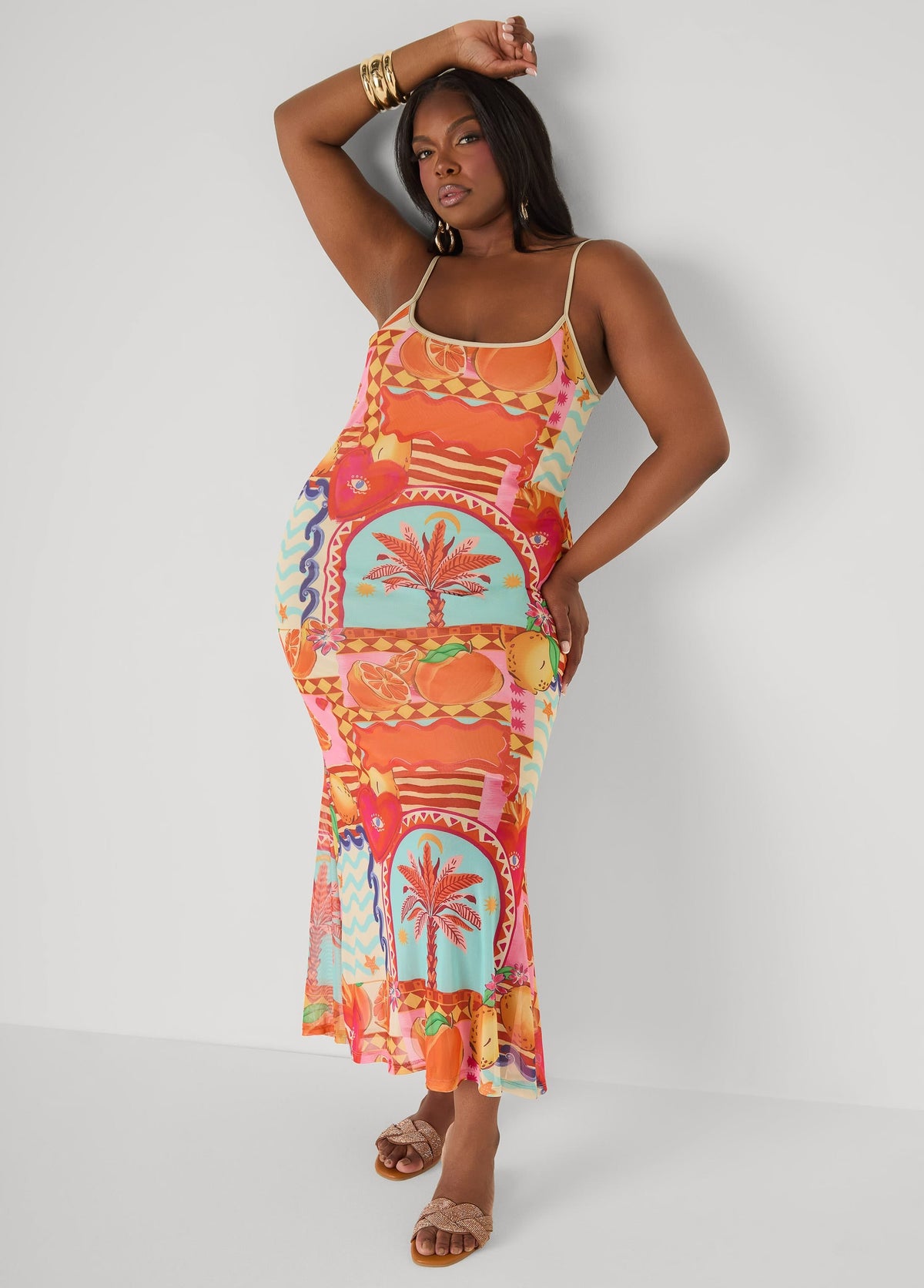 Vestido maxi de malla estampada tipo slip