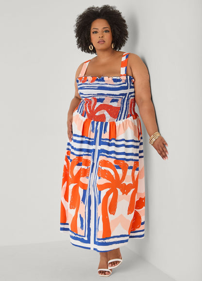 Vestido maxi estampado con smocking