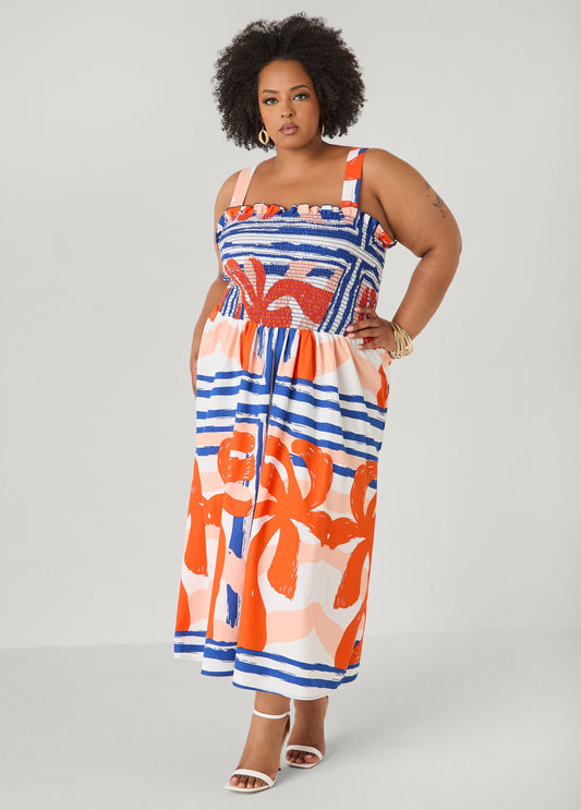 Vestido maxi estampado con smocking
