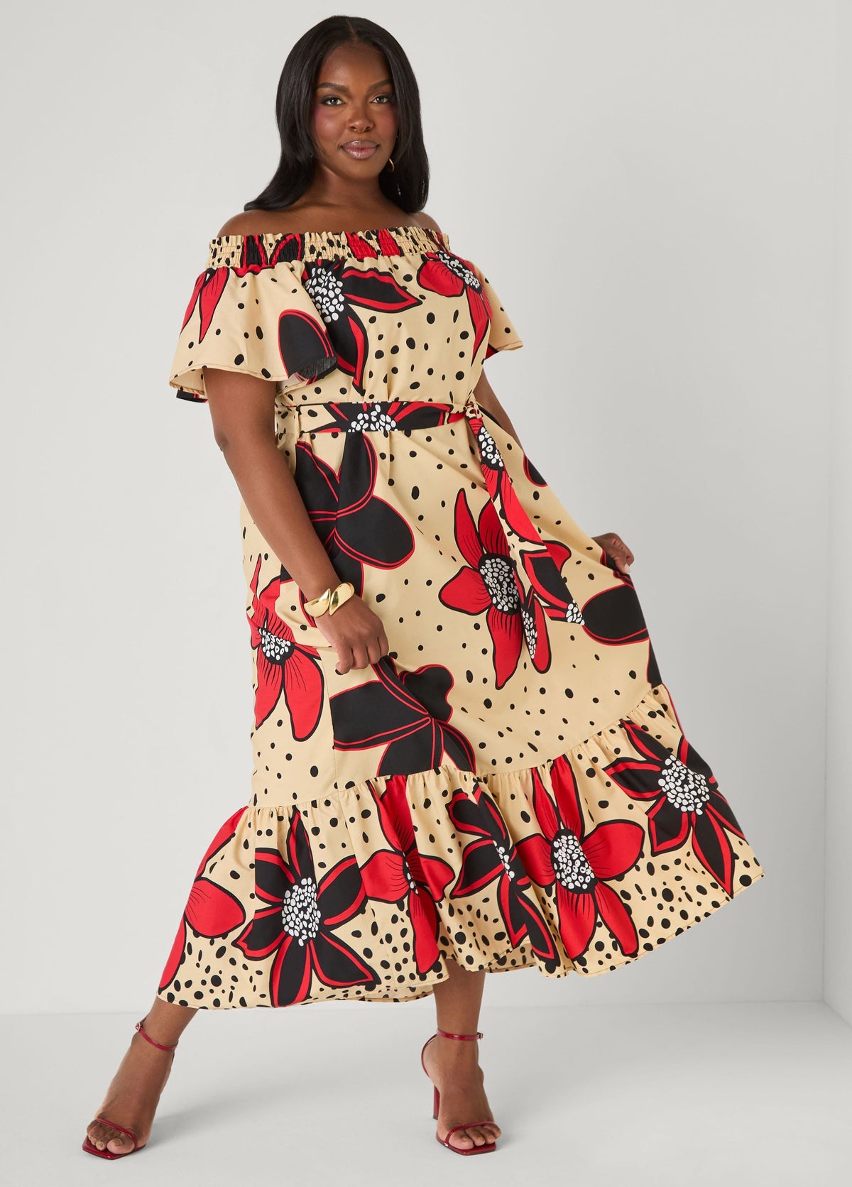 Vestido maxi floral de hombros descubiertos