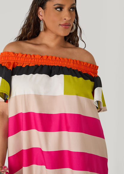 Vestido de rayas con hombro al descubierto
