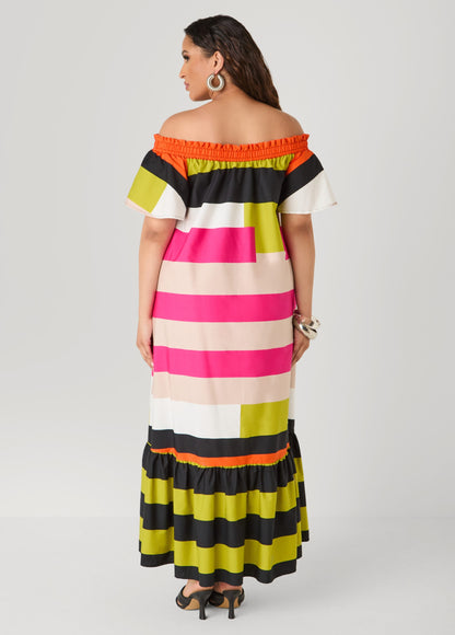 Vestido de rayas con hombro al descubierto