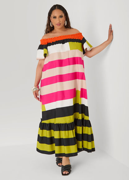 Vestido de rayas con hombro al descubierto