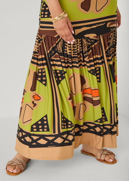 Vestido maxi con volantes y estampado abstracto