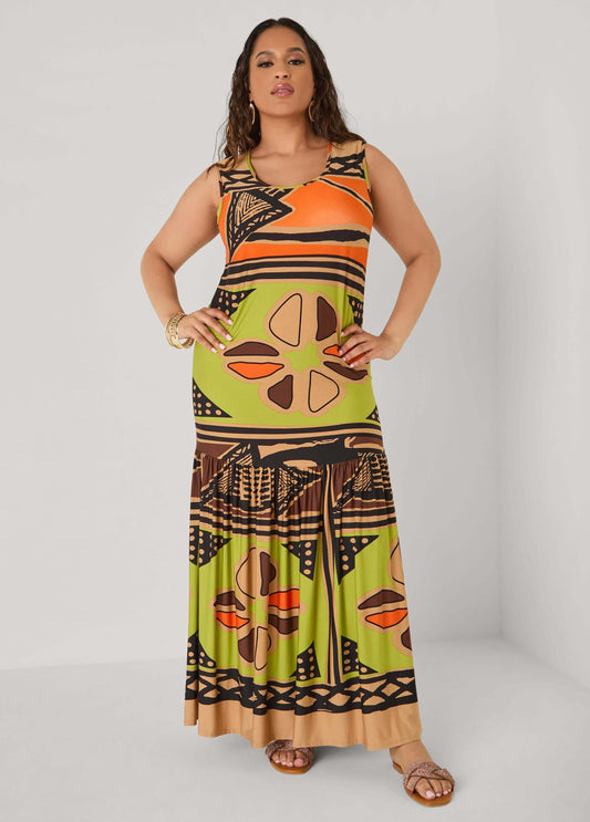 Vestido maxi con volantes y estampado abstracto