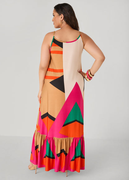 Vestido maxi con estampado geométrico y ribete de cadena