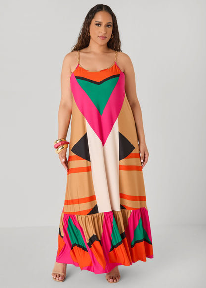 Vestido maxi con estampado geométrico y ribete de cadena