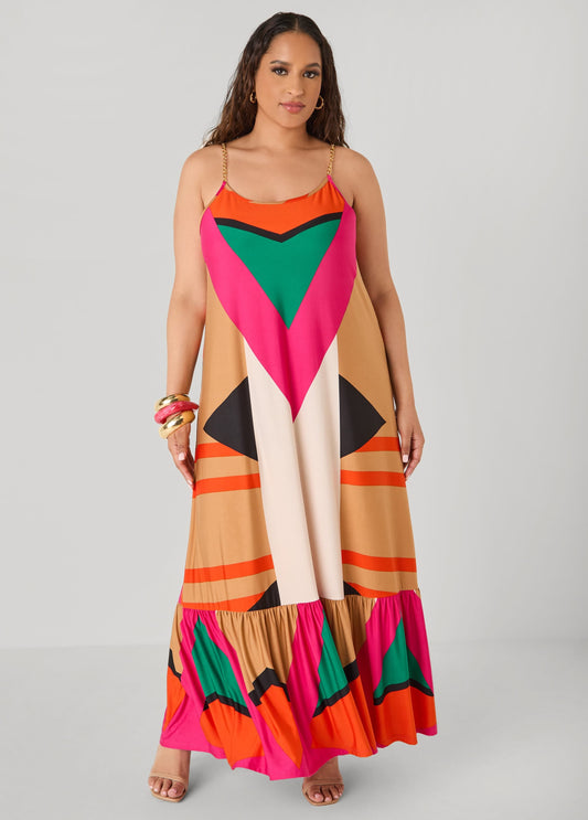 Vestido maxi con estampado geométrico y ribete de cadena