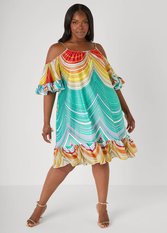 Vestido a rayas con hombros descubiertos