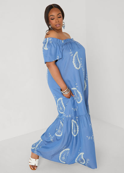 Vestido con hombros descubiertos de estampado paisley