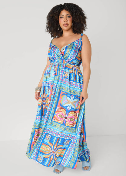 Vestido maxi de satén con estampado de azulejos