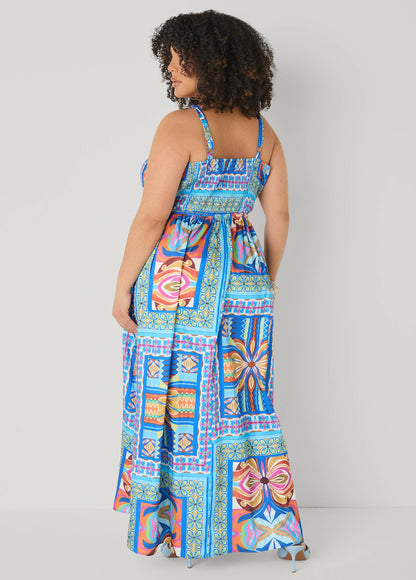 Vestido maxi de satén con estampado de azulejos