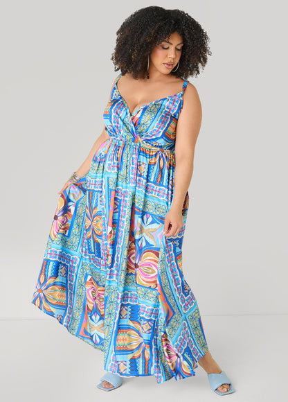 Vestido maxi de satén con estampado de azulejos