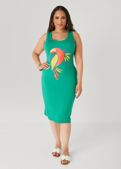 Vestido midi sin mangas con recortes y estampado de loro