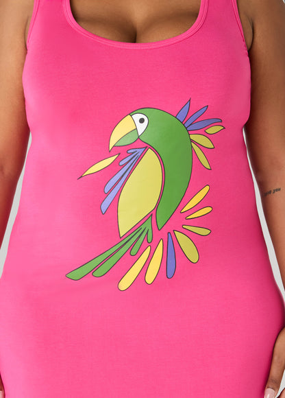 Vestido midi sin mangas con recortes y estampado de loro