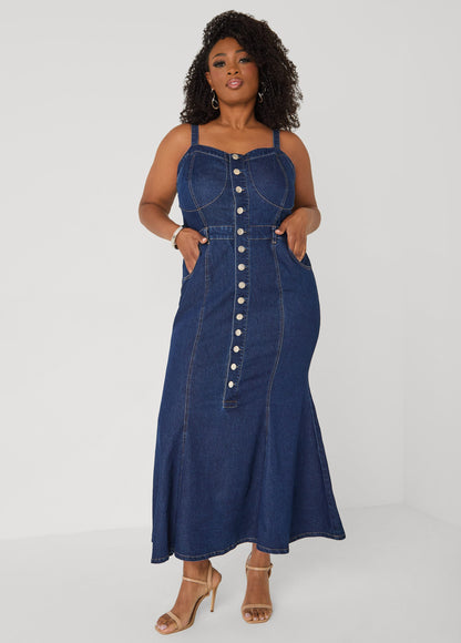Vestido maxi de mezclilla con escote corazón