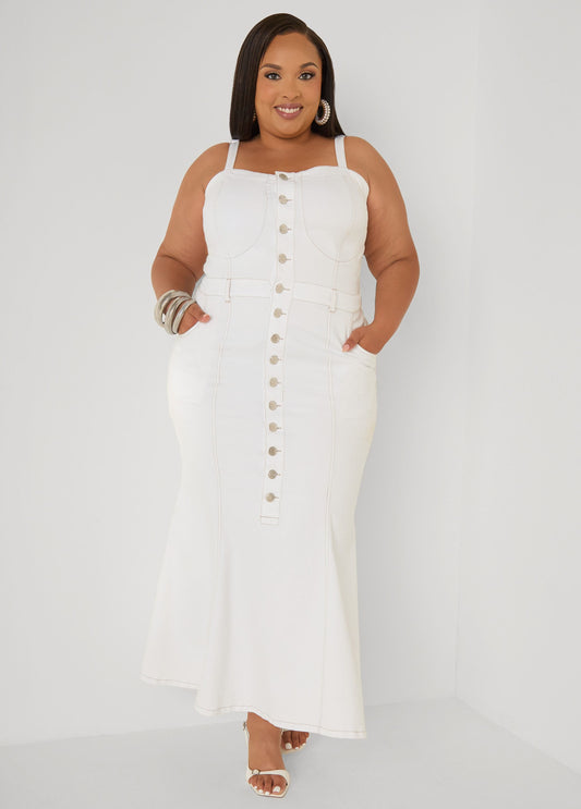 Vestido maxi de denim con escote en corazón para tallas altas