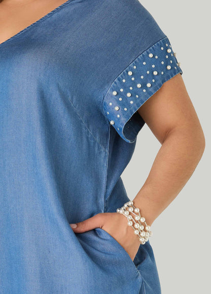 Vestido de chambray con perlas falsas