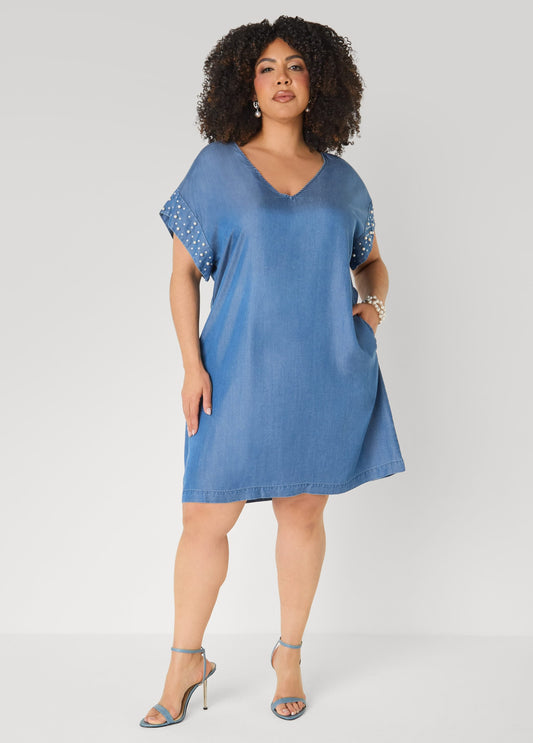 Vestido de chambray con perlas falsas